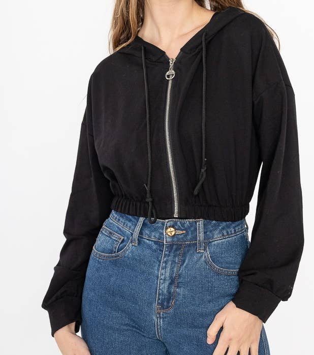 Gilet court en coton zippé à capuche - I27955