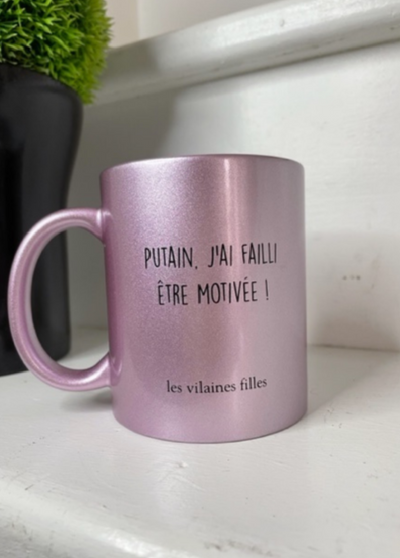 Tasse J'ai failli être motivée paillettes rose