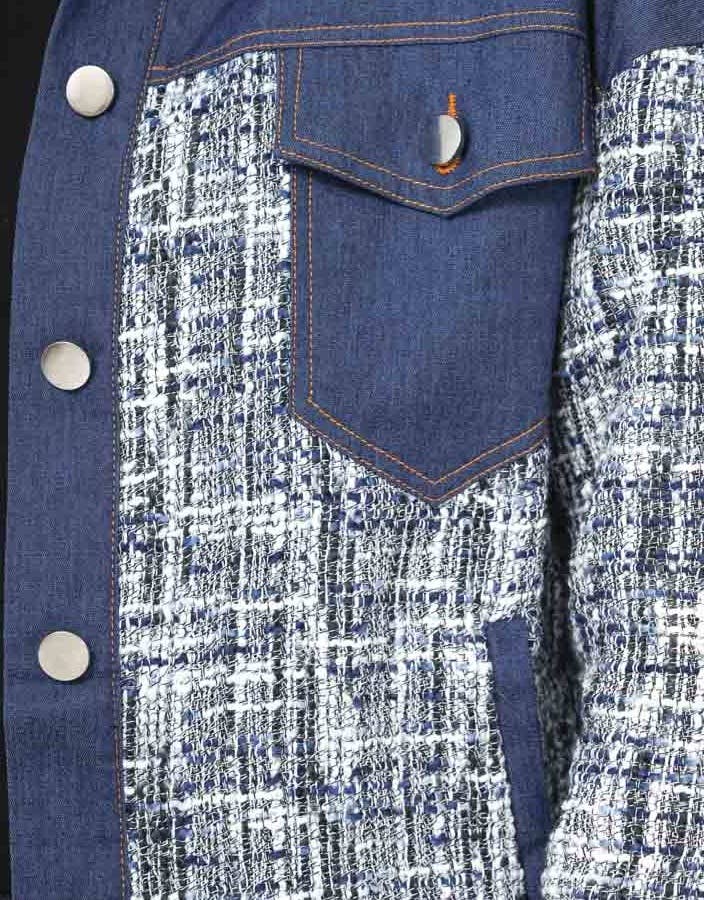 Veste denim en coton bleu avec empiècement en tweed S17