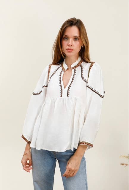 Blouse uni fluide avec détail broderie - MY05