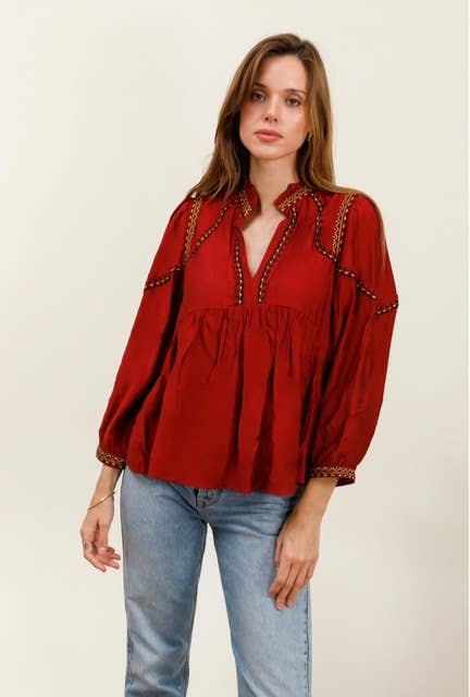 Blouse uni fluide avec détail broderie - MY05