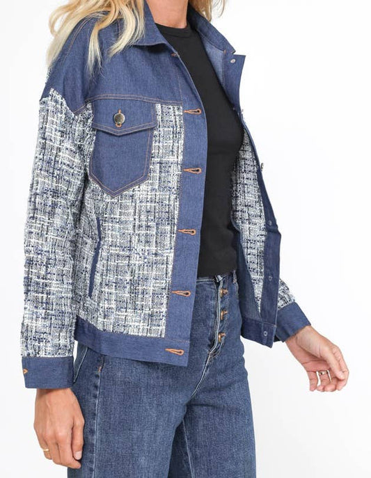 Veste denim en coton bleu avec empiècement en tweed S17