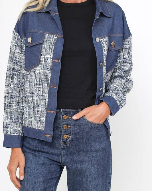 Veste denim en coton bleu avec empiècement en tweed S17