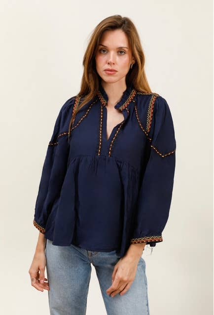 Blouse uni fluide avec détail broderie - MY05